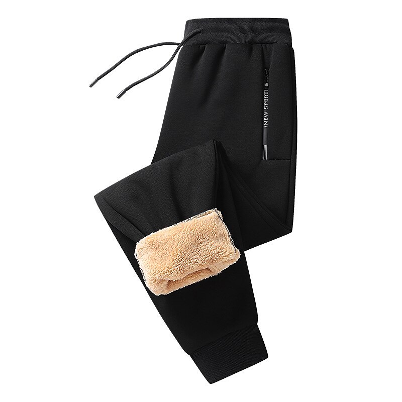 Men's Fleece Winter Drawstring Elastic Waist Zipper Pocket Warm Casual Straight Leg Micro-elastic Pants Joggers