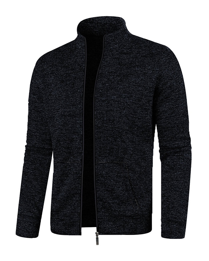 Men's Casual Jacket Sweater Coat Vacation Daily Warm Pocket Fall Winter Plain Fashion Classic Stand Collar Regular Black Navy Blue Blue Gray Jacket