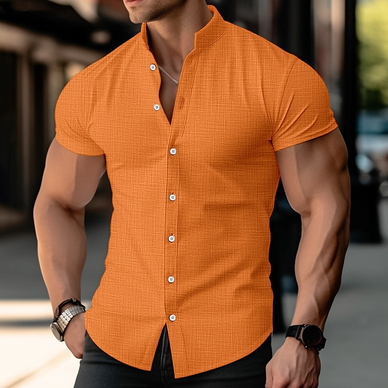 Men's Shirt Linen Shirt Button Up Shirt Summer Shirt Beach Shirt Black White Blue Short Sleeve Plain Band Collar Summer Casual Daily Clothing Apparel
