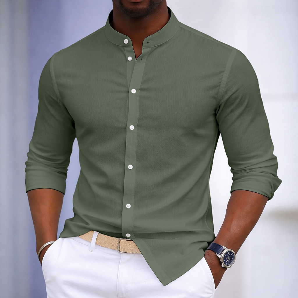 Men's Shirt Dress Shirt Button Up Shirt 100% Cotton Plain Daily Business Light Blue Black White Army Green Long Sleeve Grandad Collar All Seasons Clothing Apparel
