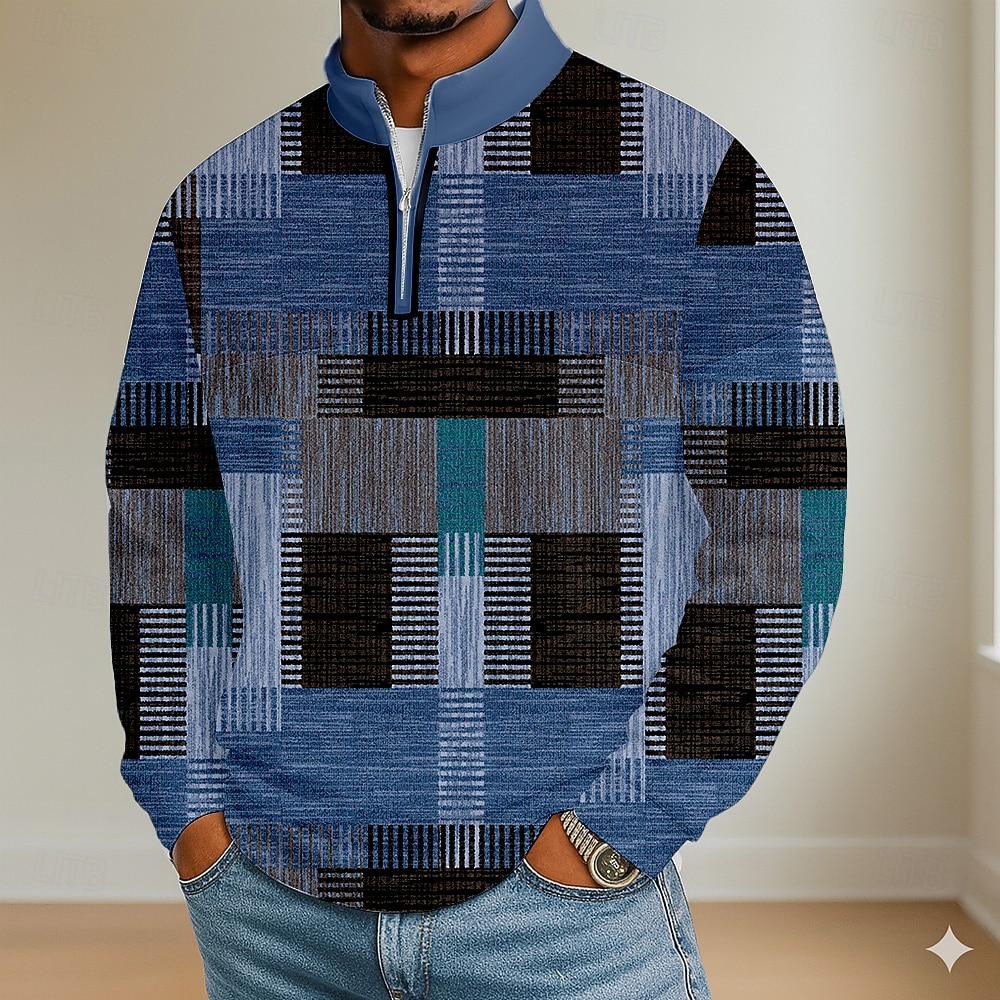 Men's Color Block Geometic Polo Long Sleeve Standing Collar Athleisure Vacation Athleisure Casual Daily 3D Print Spring Fall Blue Purple Brown