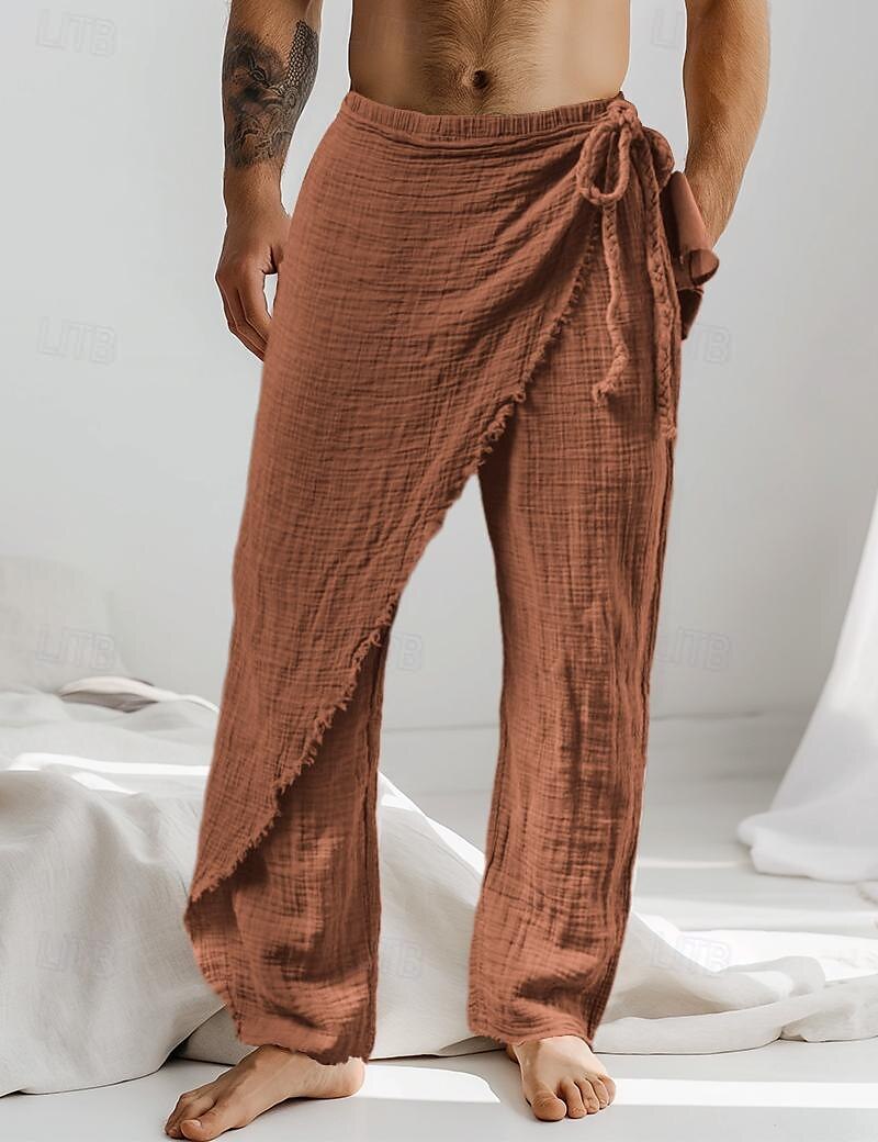 Men's Linen Pants Trousers Summer Pants Drawstring Elastic Waist Straight Leg Plain Comfort Breathable Full Length Casual Daily Holiday Fashion Classic Style White Brown