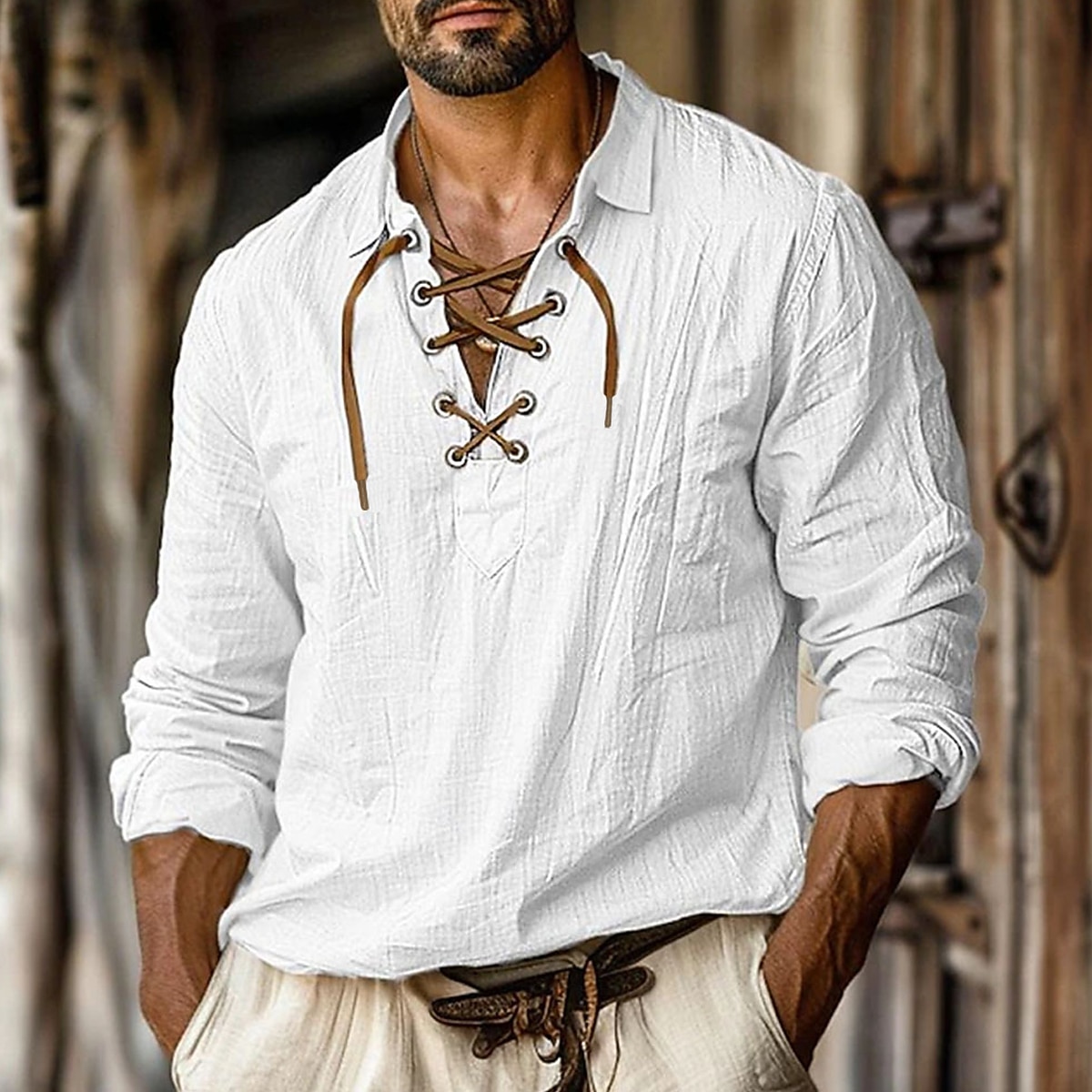 Men's Shirt Linen Shirt Viking Style Pirate Shirt Summer Shirt Beach Wear White Orange Green Light Blue Long Sleeve Solid Color Collarless Street Daily Clothing Apparel