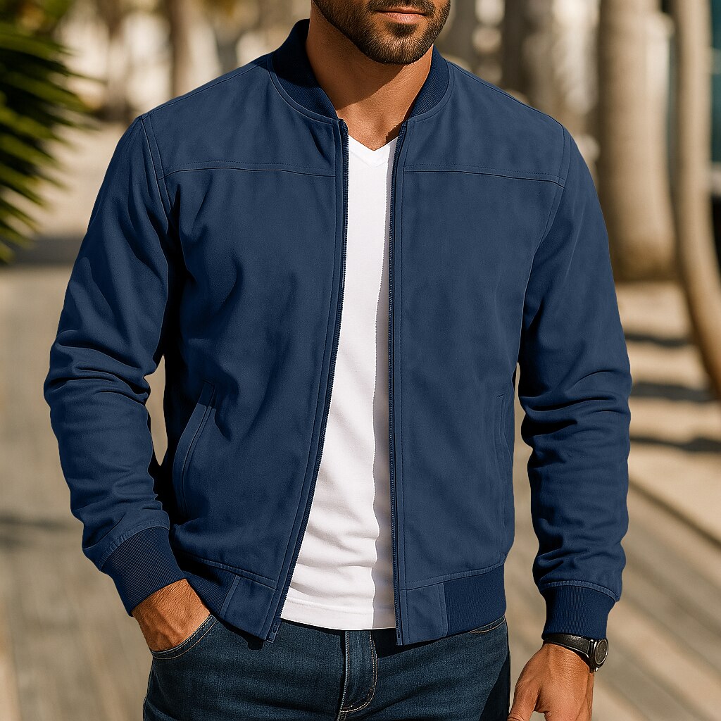Men's Outdoor Jacket Faux Suede Jacket Bomber Jacket Formal Home Zipper Pocket Fall Winter Solid Color Active Neutral Collar Regular Black Navy Blue Blue Brown Green Jacket