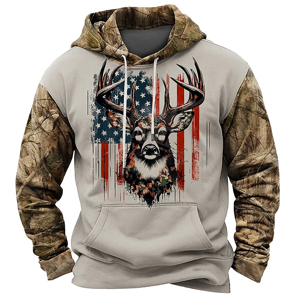 Men's American US Flag Patriotic Deer Hoodies Daily Casual Long Sleeve Hooded Vacation Sports Outdoor Streetwear Brown Light Grey Print Front Pocket Spring &  Fall Designer