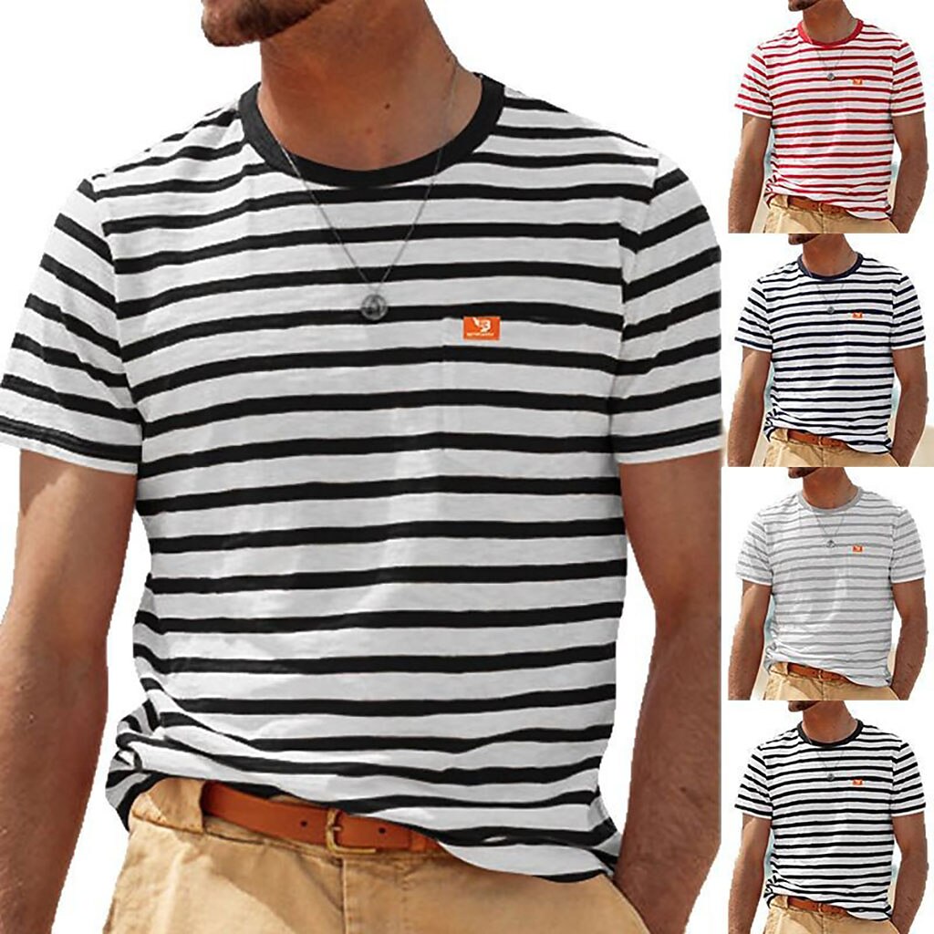 Men's T Shirt Short Sleeve Shirt Tee Top Short Sleeve Crew Neck Summer Spring Striped Horizontal Stripes Fashion Streetwear Stylish Patchwork Color Block Stripe Casual Daily Outdoor Black Red Dark