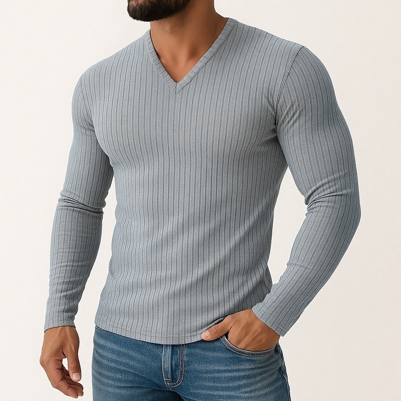 Men's T Shirt Ribbed Knit tee Tee Top Long Sleeve Shirt Long Sleeve V Neck Spring Fall Winter Plain Pit Strip Fashion Designer Basic Knitting Vacation Street Casual Black White Purple Top Tee for Men