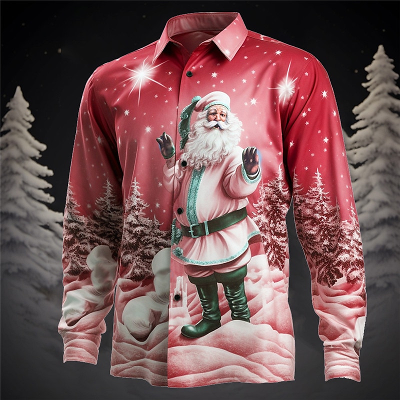 Santa Claus Casual Men's Shirt Christmas Daily Wear Going out Fall & Winter Turndown Long Sleeve Gray+Purple, Red+Pink, Light Blue S, M, L 4-Way Stretch Fabric Shirt