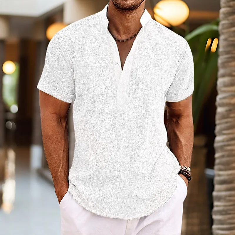Men's Shirt Linen Shirt Popover Shirt Summer Shirt Beach Wear Black White Pink Green Short Sleeve Plain Henley Summer Casual Daily Clothing Apparel