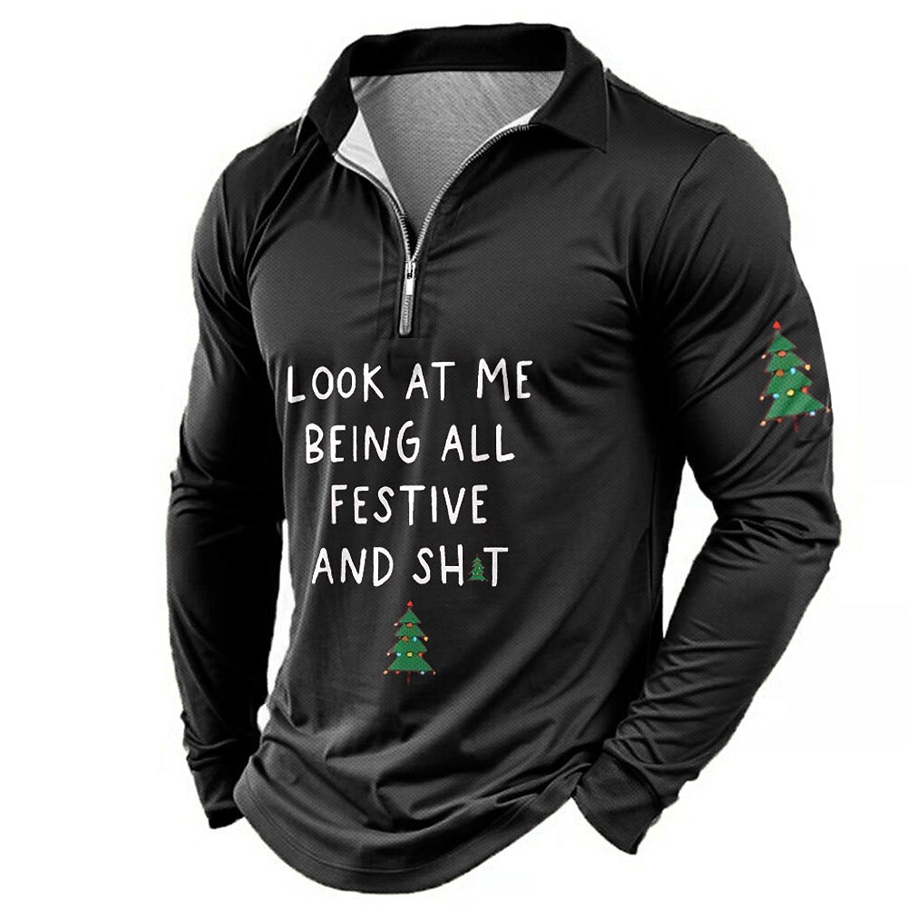 Christmas Men's Christmas Tree Zip Polo Long Sleeve Polo Shirts Collar Vacation Party Evening Wear New Years Eve Shirts 3D Print Spring Fall & Winter Black Red Blue