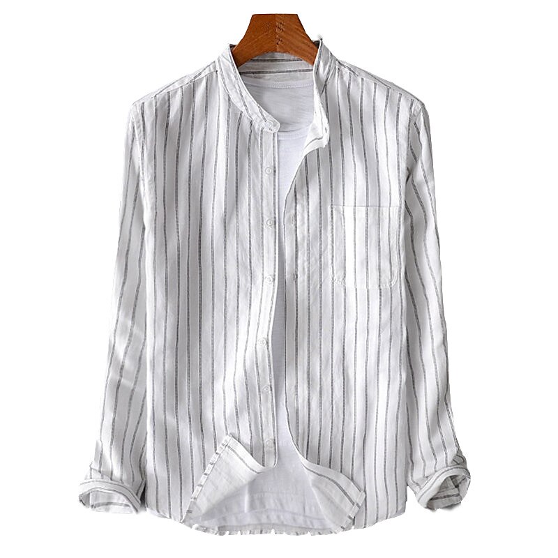 Men's Summer Beach Long Sleeve Striped Stand Collar Spring &  Fall Street Daily Clothing Apparel Button-Down Shirt