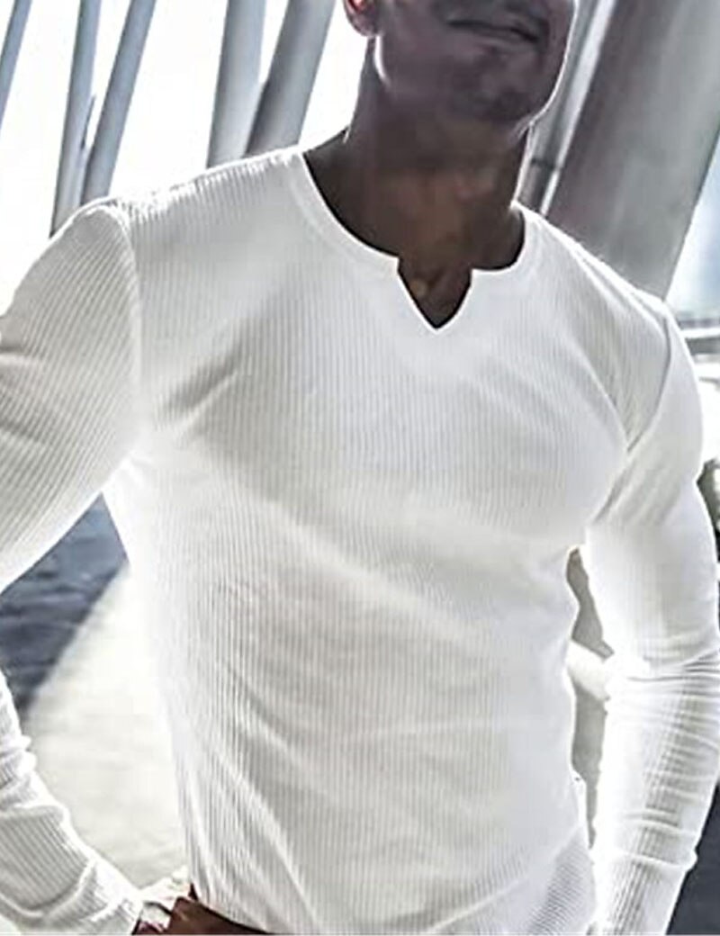 Men's Knitting Basic T-shirt Tee Top Long Sleeve Plain Pit Strip V Neck 