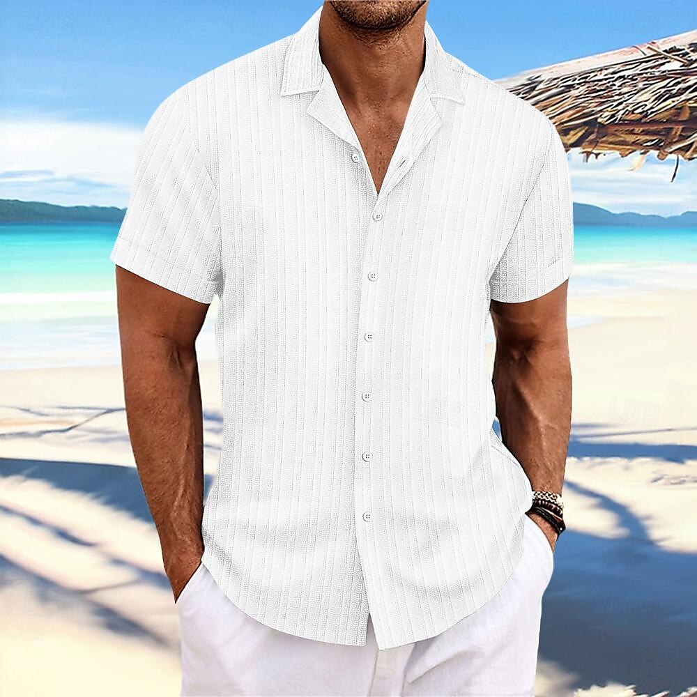 Men's Shirt Button Up Shirt Casual Shirt Summer Shirt Beach Shirt Black White Navy Blue Blue khaki Short Sleeve Stripes Lapel Daily Vacation Clothing Apparel Fashion Casual Comfortable