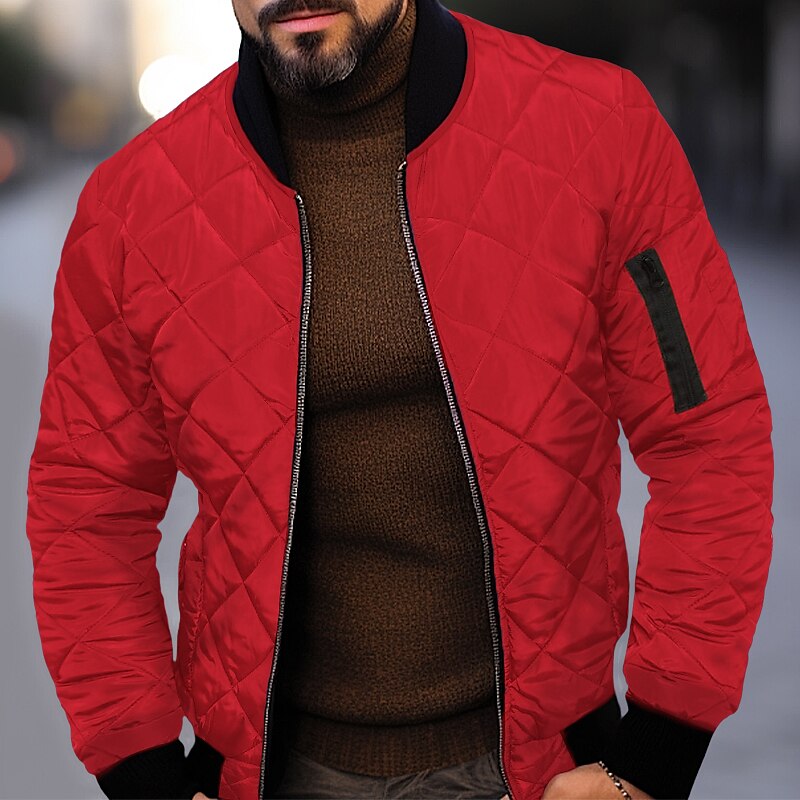 Men's Winter Jacket Quilted Jacket Outdoor Daily Wear Warm Pocket Fall Winter Plain Fashion Streetwear Standing Collar Regular Black Wine Blue Red & White Army Green Jacket