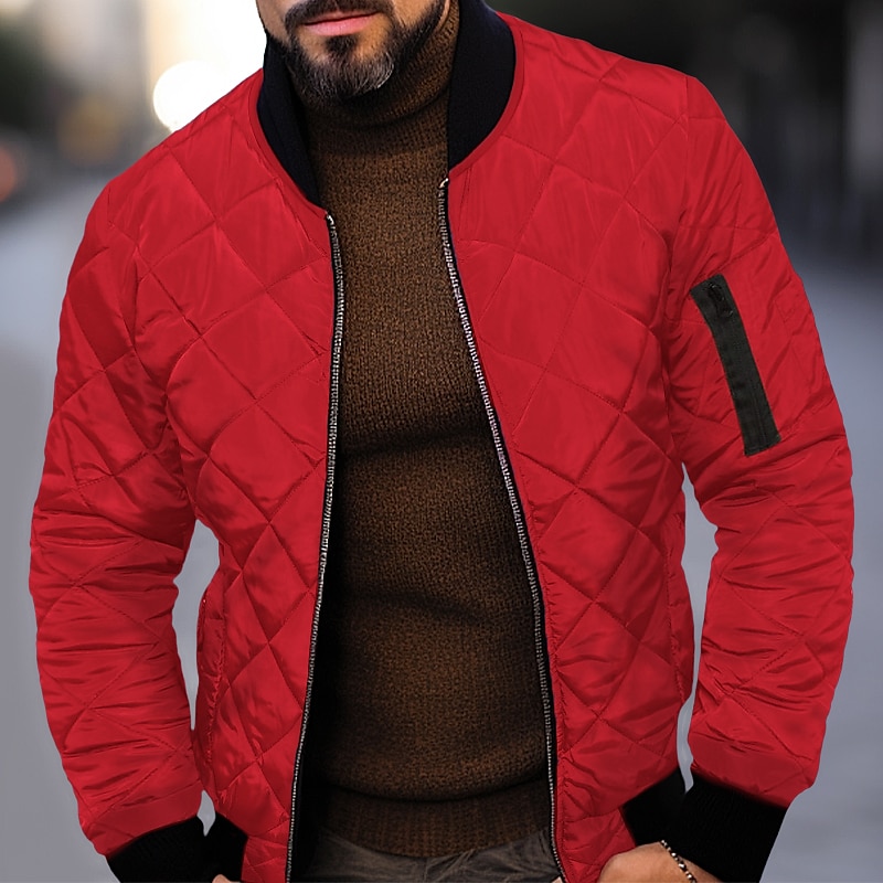 Men's Winter Jacket Quilted Jacket Outdoor Daily Wear Warm Pocket Fall Winter Plain Fashion Streetwear Standing Collar Regular Black Wine Blue Red & White Army Green Jacket