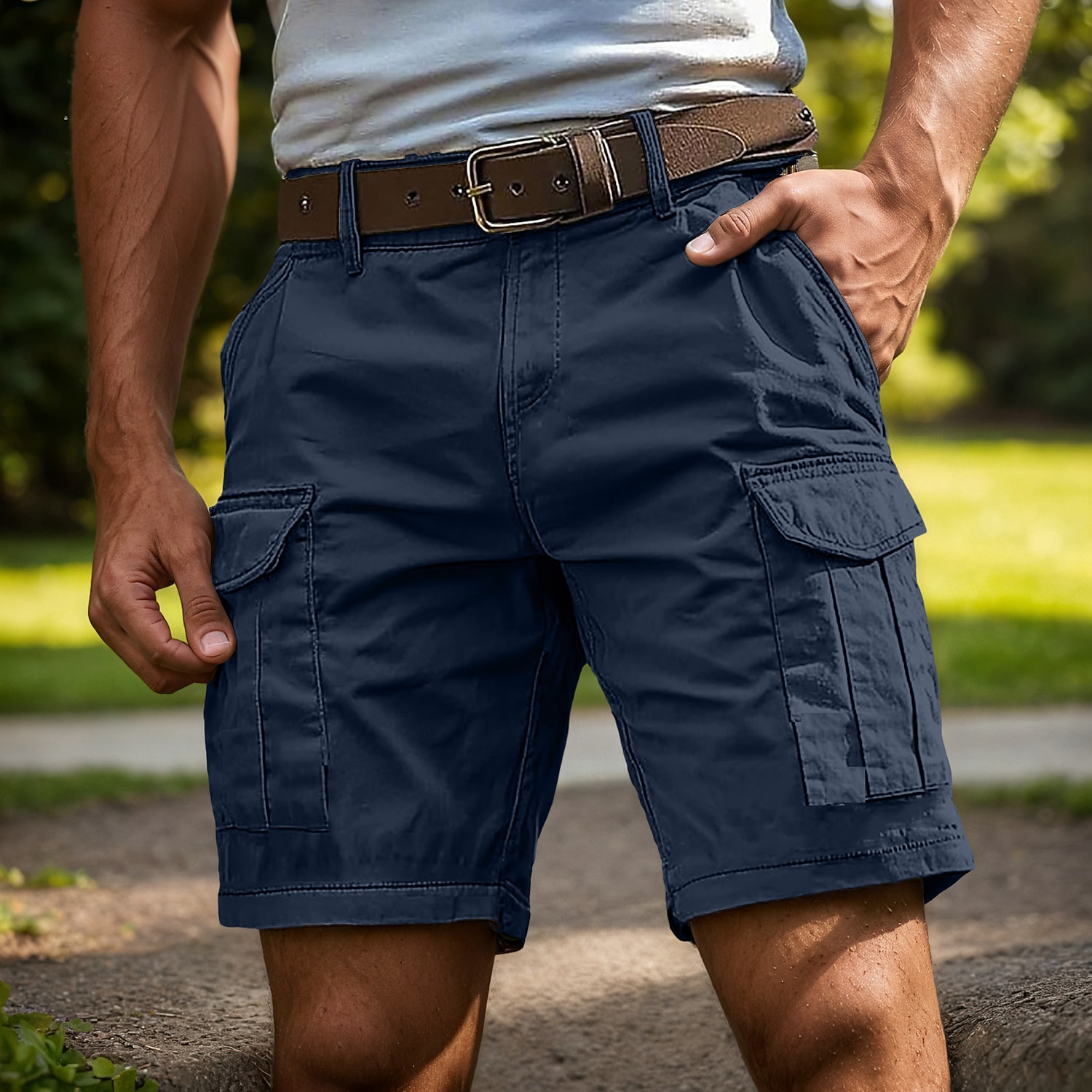 Men's Tactical Cargo Cargo Shorts Shorts Casual Shorts Pocket Elastic Waist Multiple Pockets Plain Solid Knee Length Casual Outdoor Streetwear Fashion Streetwear Blue Lake blue Inelastic