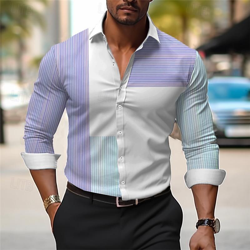 Stripe Men's Business Casual 3D Printed Shirt Outdoor Wear to work Daily Wear Spring & Summer Turndown Long Sleeve Blue Purple Light Blue S M L 4-Way Stretch Fabric Shirt