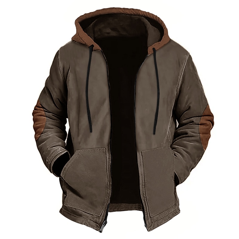 Men's Hoodie Full Zip Hoodie Navy Blue Brown Khaki Coffee Hooded Plain Print Pocket Color Block Sports & Outdoor Daily Holiday Corduroy Streetwear Cool Casual Spring &  Fall Clothing Apparel Hoodies