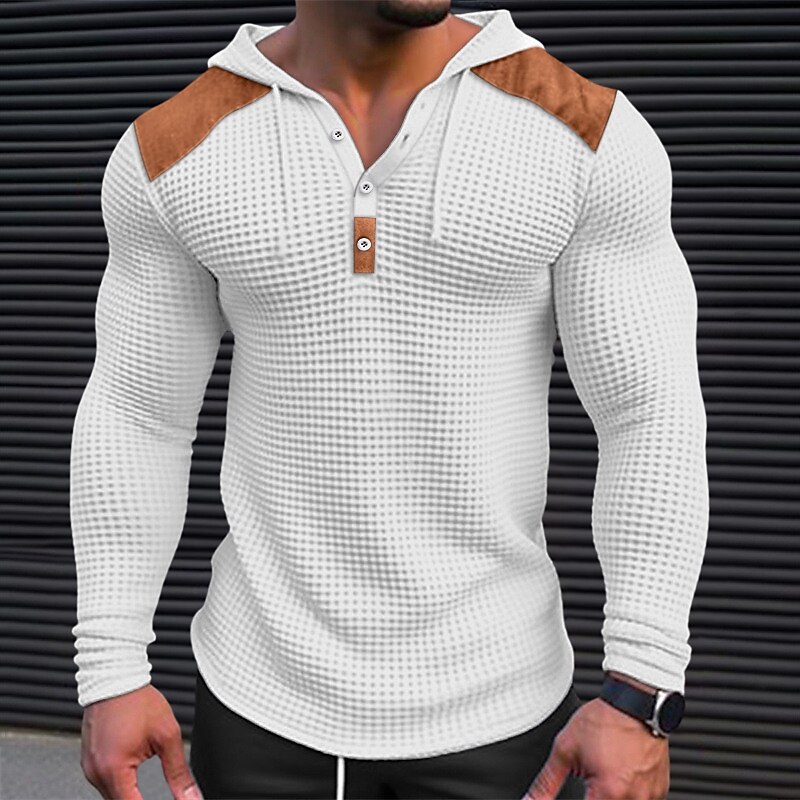 Men's Basic Waffle Henley Shirt Long Sleeve Top Color Block Hooded 