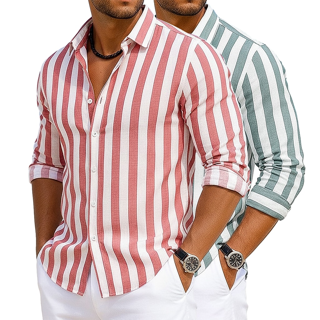 2-Pack Men's Shirt Cotton Linen Shirt Summer Shirt Beach Shirt Striped Shirts Vertical Stripes Casual Vacation Pink+Yellow Yellow+green Green+pink Navy Blue+Yellow Long Sleeve Turndown Summer Spring Clothing