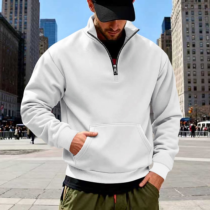 Men's Sweatshirt  Pullover Quarter Zip Sweatshirt Black White Army Green Navy Blue Camel Standing Collar Plain Kangaroo Pocket Sports & Outdoor Casual Daily Streetwear Cool Sportswear