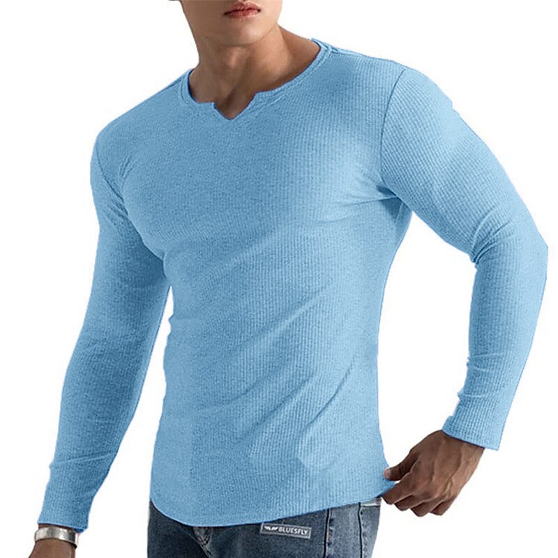 Men's Knitting Basic T-shirt Tee Top Long Sleeve Plain Pit Strip V Neck 