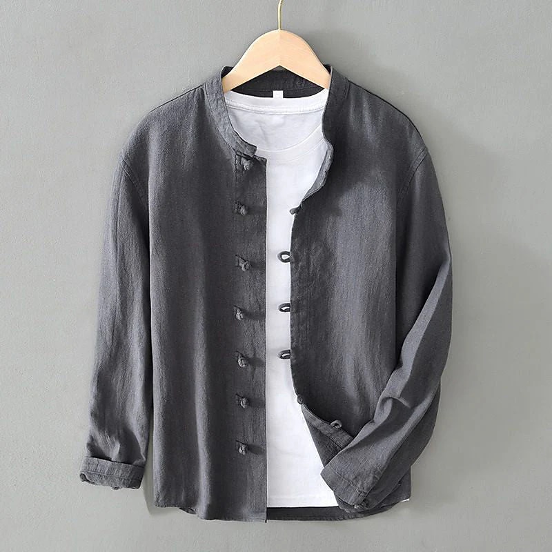 Men's Shirt Linen Shirt Viking Style Band Collar Shirt Summer Shirt  Beach Wear Solid Color Vacation Street Black White Navy Blue Gray Long Sleeve Mandarin Collar Summer Spring Clothing Apparel Buttons