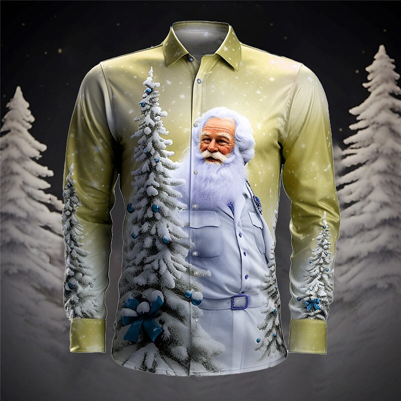 Santa Claus Casual Men's Shirt Christmas Daily Wear Going out Fall & Winter Turndown Long Sleeve Gray+Purple, Red+Pink, Light Blue S, M, L 4-Way Stretch Fabric Shirt