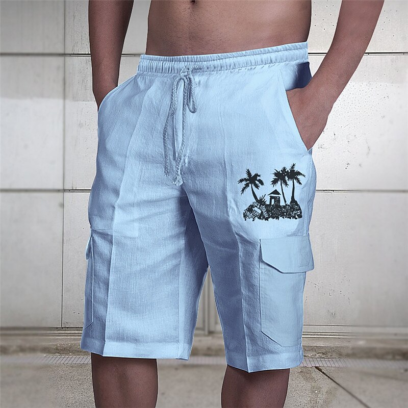 Men's Cargo Shorts Summer Shorts Drawstring Elastic Waist Print Coconut Tree Graphic Prints Breathable Soft Short Casual Daily Holiday Streetwear Designer Black Blue Micro-elastic