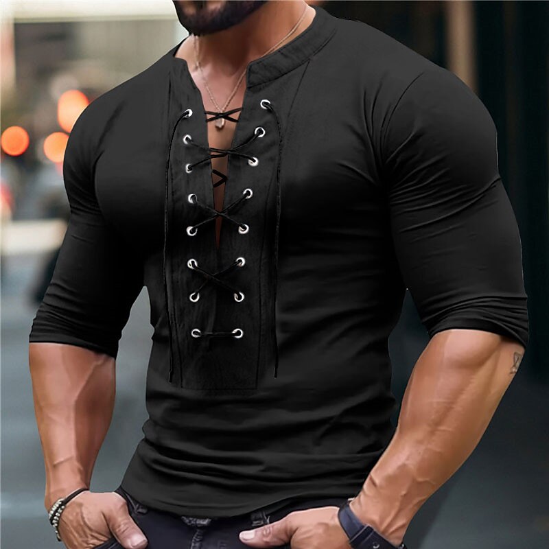 Men's Henley Shirt Tee Top Long Sleeve Shirt Plain Henley Street Vacation Long Sleeve Lace up Clothing Apparel Fashion Designer Basic