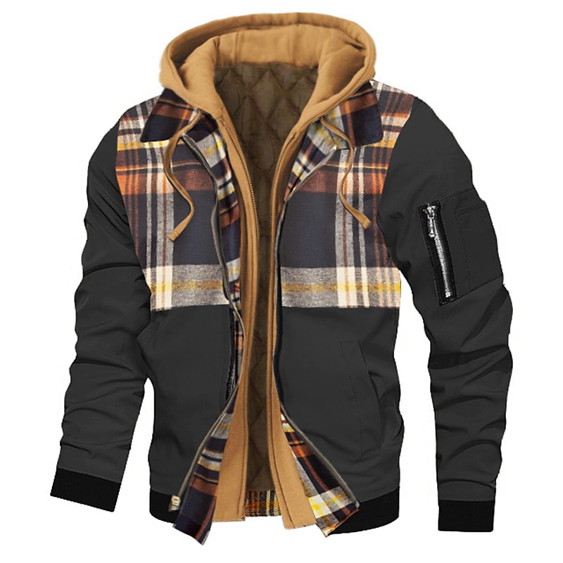 Men's Bomber Jacket Hoodie Jacket Outdoor Daily Wear Warm Fall Winter Plaid Plain Fashion Streetwear Hooded Regular Black Gold Black Wine Dark Red Red Jacket