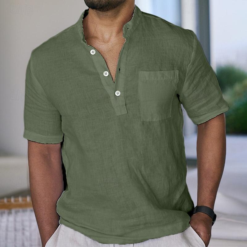 Men's Shirt Linen Shirt Popover Shirt Summer Shirt Beach Wear Band Collar Shirt White Pink Blue Green Short Sleeve Solid Color Band Collar Summer Spring Casual Daily Clothing Apparel
