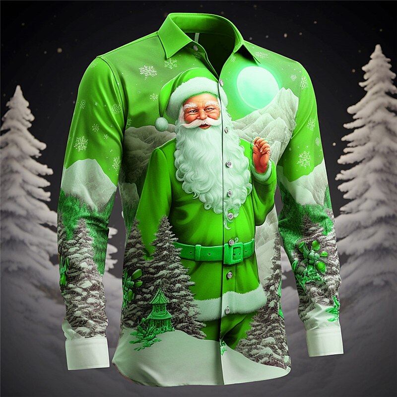 Santa Claus Casual Men's Shirt Outdoor Christmas Street Fall & Winter Turndown Long Sleeve White Yellow Pink S M L Shirt