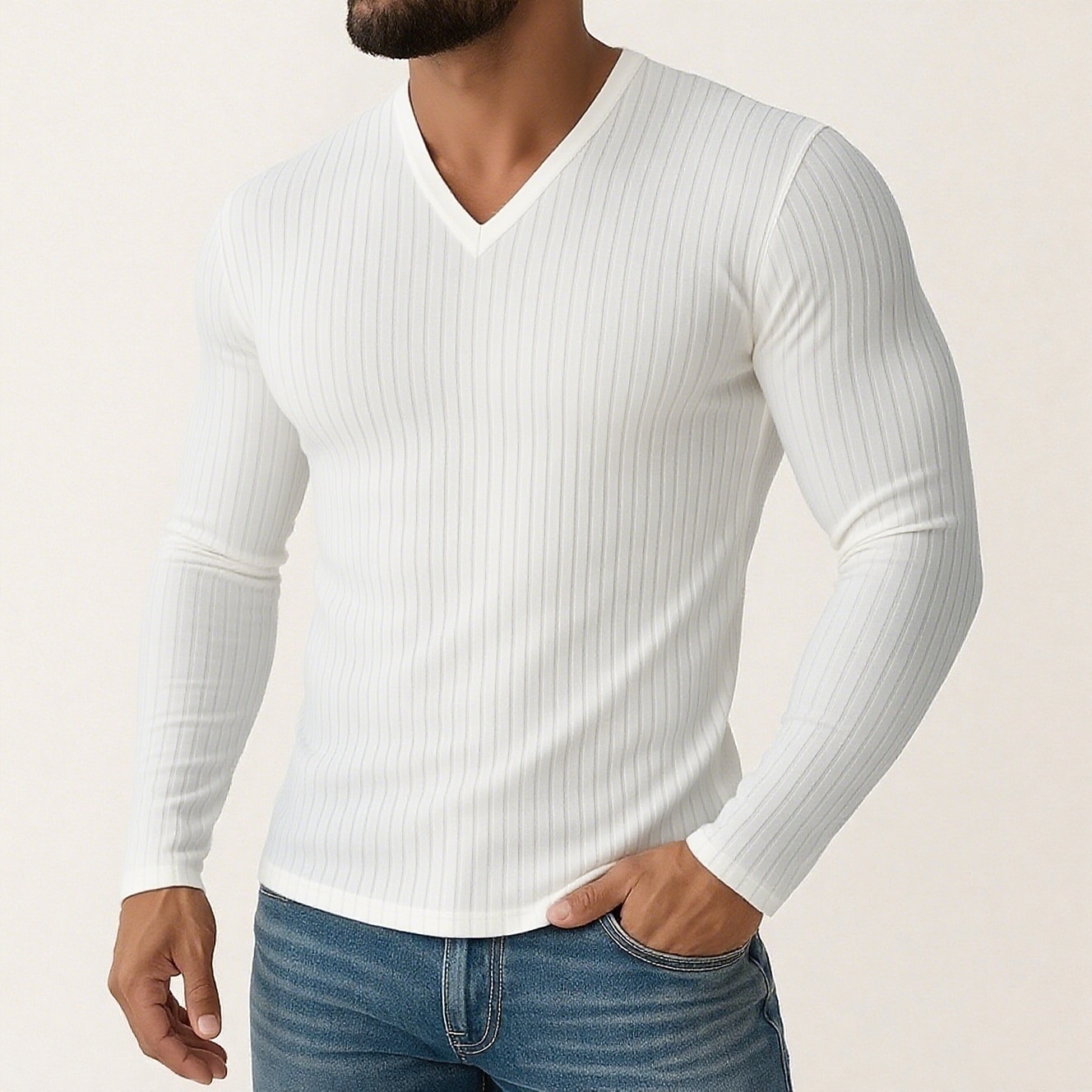 Men's T Shirt Ribbed Knit tee Tee Top Long Sleeve Shirt Long Sleeve V Neck Spring Fall Winter Plain Pit Strip Fashion Designer Basic Knitting Vacation Street Casual Black White Purple Top Tee for Men