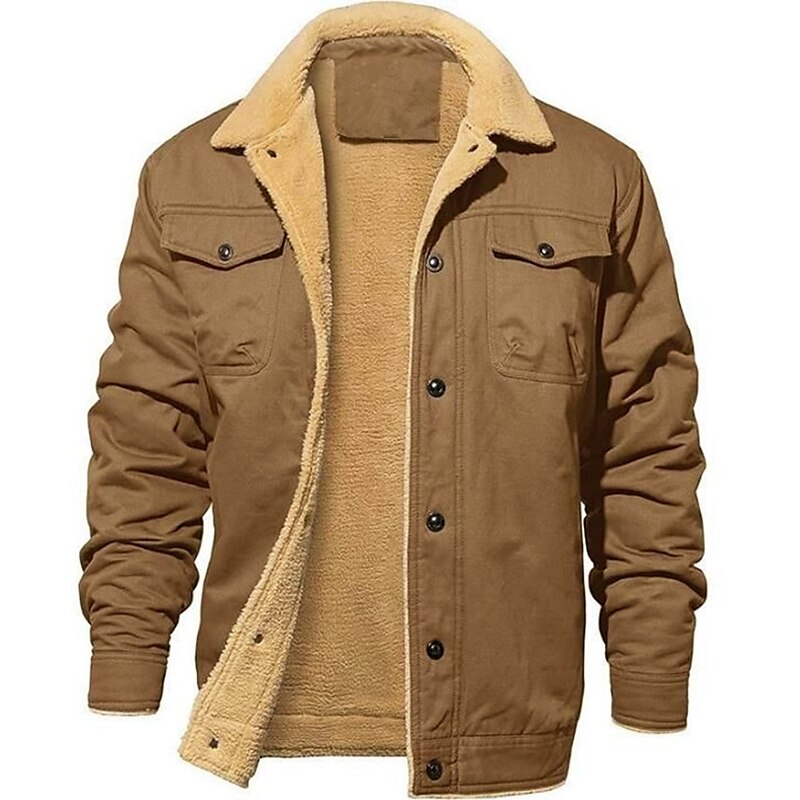 Men's Winter Fleece Work Daily Wear Vacation Warm Pocket Button-DownSolid / Plain Color Comfort Leisure Turndown Dark-Gray Military