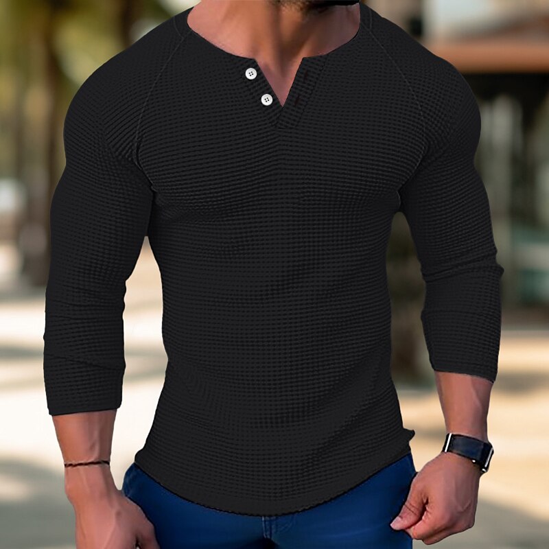Men's Basic Henley Shirts T-shirt Tee Waffle Henley Shirt Long Sleeve Plain 