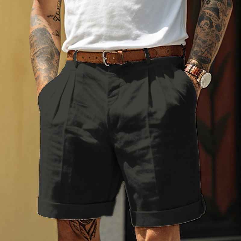 Men's Shorts Linen Shorts Summer Shorts Pleated Shorts Pocket Pleats Straight Leg Plain Comfort Breathable Short Casual Daily Holiday Fashion Designer Black White