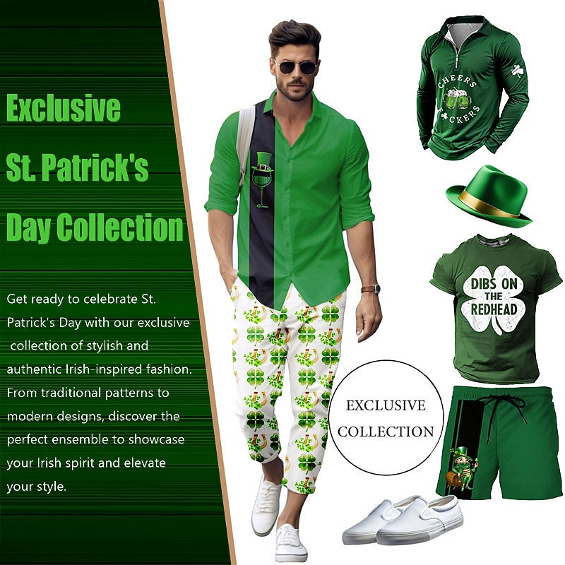 St. Patrick's Day Men's Four Leaf Clover Shamrock Celtic Art Shirt Button Up Shirt Long Sleeve Vintage Retro Holiday Spring Fall Turndown 3D Print Linen Like Shirt Green 1# Green