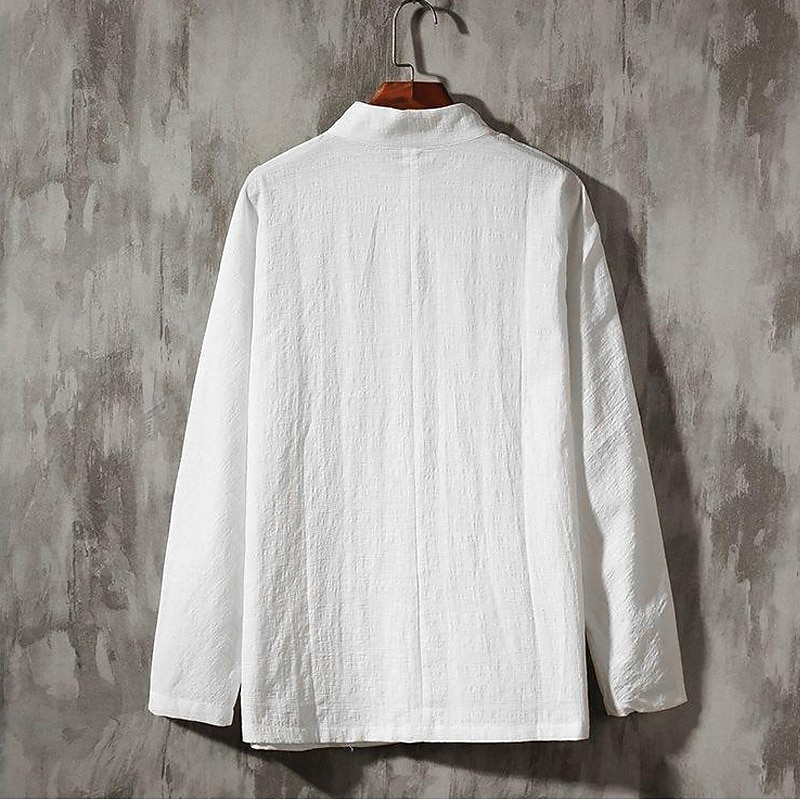Men's Shirt Linen Shirt Chinese Collar Shirt Mandarin Collar Shirt Coat Casual Shirt Cotton Shirt Plain Vacation Hawaiian Black White Navy Blue Beige Long Sleeve Grandad Collar Spring &  Fall Clothing
