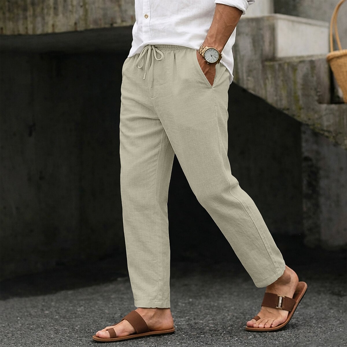Men's Summer Pants Beach Pants Drawstring Pocket Elastic Waist Plain Comfort Breathable Full Length Daily Beach Vacation Vacation Hawaiian Blue Black Inelastic