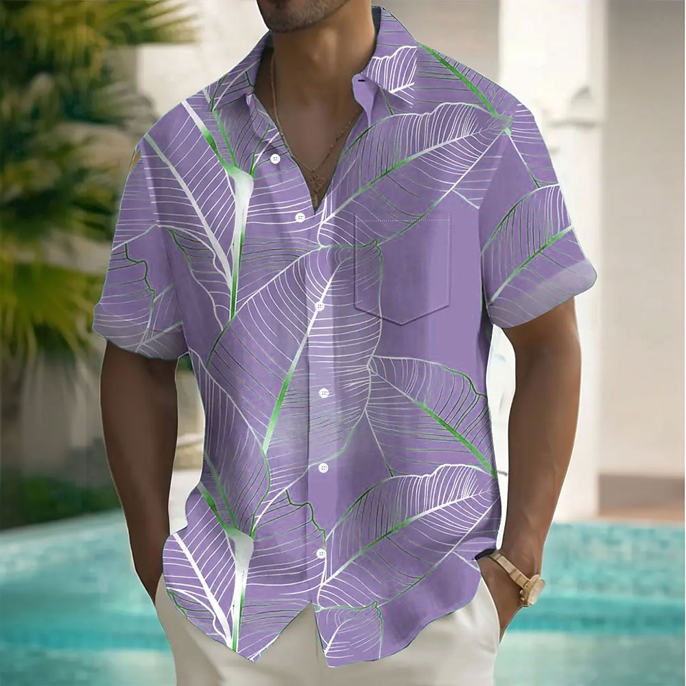 Men's Palm Leaf Tropical Plants Summer Hawaiian Shirt Button Up Shirt Short Sleeve Hawaiian Resort Vacation Holiday Beach Wear Summer Spring Turndown Collared Shirts Front One Pocket Pink Blue