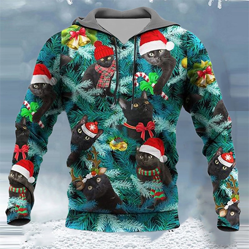 Graphic Christmas cat kitty Hat Fashion Daily Basic Men's 3D Print Hoodies