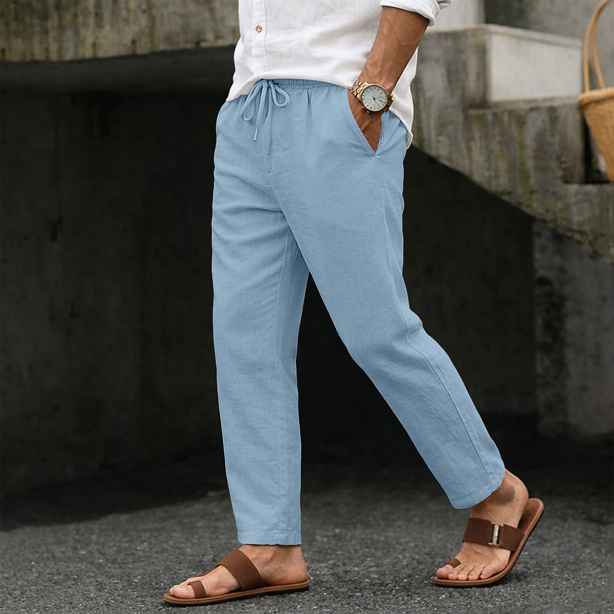 Men's Summer Pants Beach Pants Drawstring Pocket Elastic Waist Plain Comfort Breathable Full Length Daily Beach Vacation Vacation Hawaiian Blue Black Inelastic
