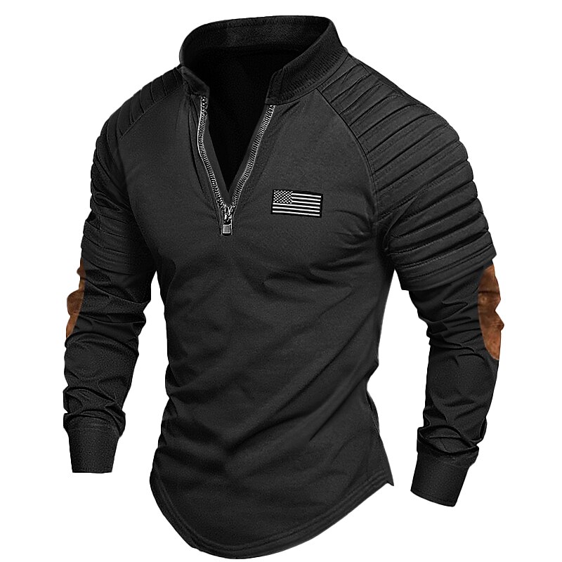 Men's Quarter Zip Long Sleeve Color Block Slim Pleated National Flag Street Vacation Patchwork Embroidery Clothing Apparel Fashion Designer Basic T-shirt