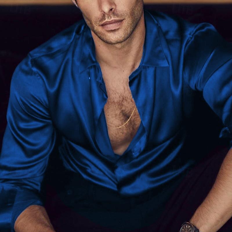 Men's Shirt Button Up Shirt Casual Shirt Satin Silk Shirt Black White Wine Blue Green Long Sleeve Plain Turndown Daily Vacation Clothing Apparel Fashion Casual Comfortable
