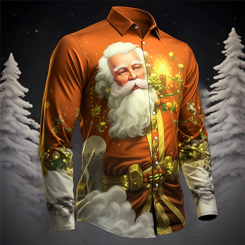 Santa Claus Casual Men's Shirt Outdoor Christmas Street Fall & Winter Turndown Long Sleeve White Yellow Pink S M L Shirt