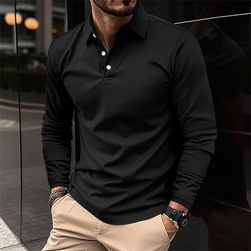 Men's Golf Shirt Golf Polo Work Casual Lapel Long Sleeve Basic Modern Plain Button Spring &  Fall Regular Fit Wine Black White Pink Navy Blue Green Golf Shirt