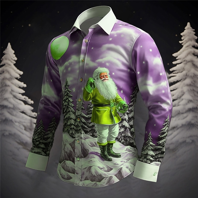 Santa Claus Casual Men's Shirt Christmas Daily Wear Going out Fall & Winter Turndown Long Sleeve Gray+Purple, Red+Pink, Light Blue S, M, L 4-Way Stretch Fabric Shirt