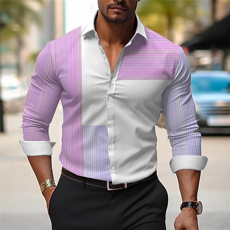 Stripe Men's Business Casual 3D Printed Shirt Outdoor Wear to work Daily Wear Spring & Summer Turndown Long Sleeve Blue Purple Light Blue S M L 4-Way Stretch Fabric Shirt
