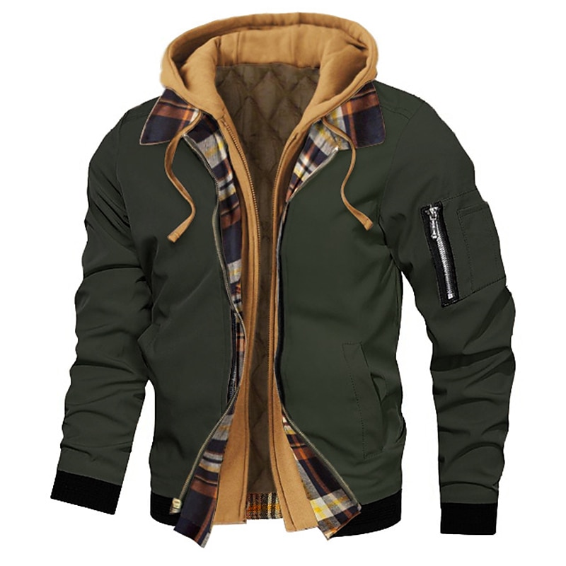 Men's Bomber Jacket Hoodie Jacket Outdoor Daily Wear Warm Fall Winter Plaid Plain Fashion Streetwear Hooded Regular Black Gold Black Wine Dark Red Red Jacket